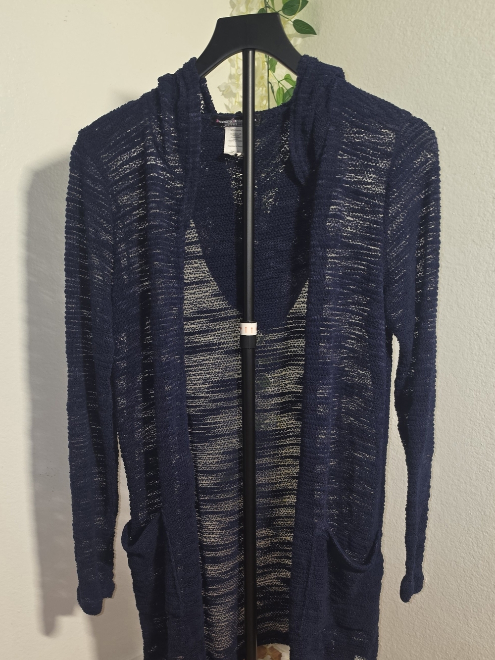happening in the present Navy Open-Front Sheer Knit Cardigan